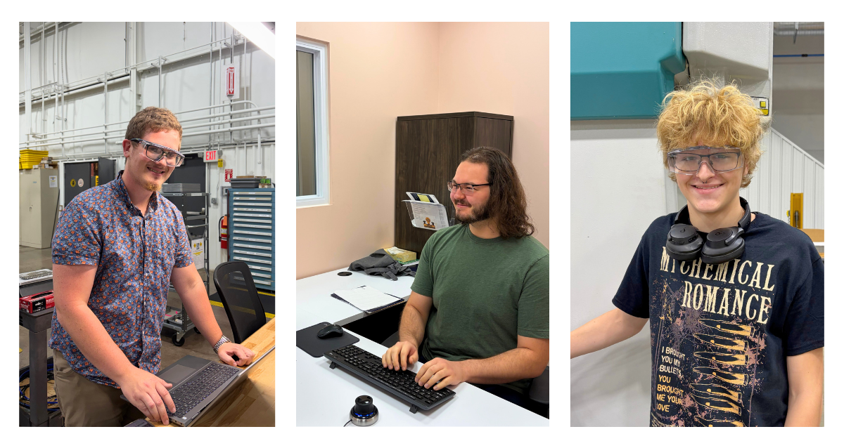 Three student interns wearing safety glasses work in different areas of the JV Manufacturing facility during a summer internship.